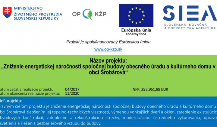 Fotka - Zníženie energetickej náročnosti spoločnej budovy obecného úradu a kultúrneho domu v obci Šrobárová